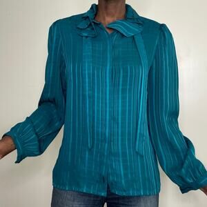 VINTAGE | 1980s Teal Blue Ruffle Collar Secretary Long Sleeve Blouse Size 14